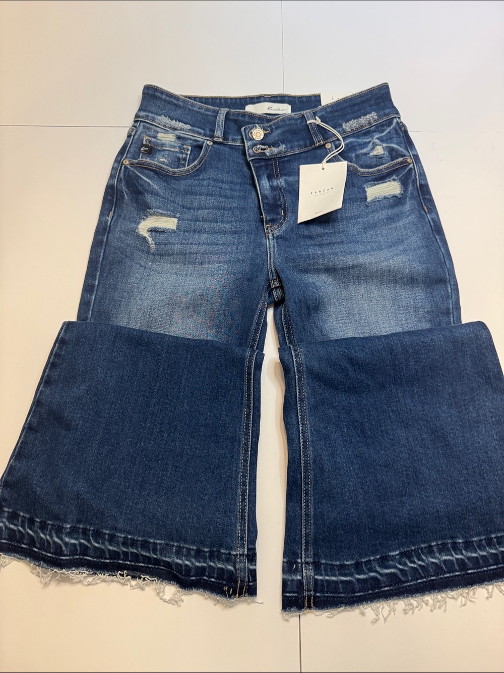 KanCan Two-Tone Distressed Wide Leg Jeans - Blue